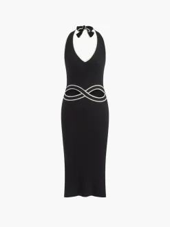 COMMENSE V Neck Halter Split Knit Dress* White Dresses|Sweater Dresses