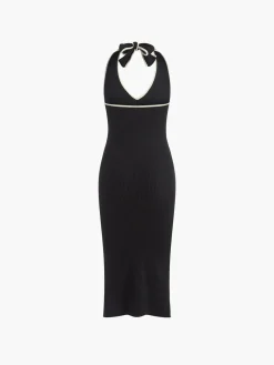 COMMENSE V Neck Halter Split Knit Dress* White Dresses|Sweater Dresses