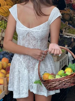 COMMENSE Vacation Lace Semi-Sheer Short Dress* White Dresses|Vacation Dresses