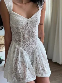 COMMENSE Vacation Lace Semi-Sheer Short Dress* White Dresses|Vacation Dresses
