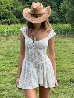 COMMENSE Vacation Lace Semi-Sheer Short Dress* White Dresses|Vacation Dresses