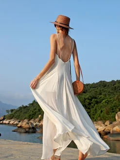 COMMENSE Vacay V-Neck Backless Cami Long Dress* White Dresses|Vacation Dresses