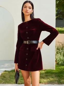 COMMENSE Velvet Button Short Dress With Belt* Dresses