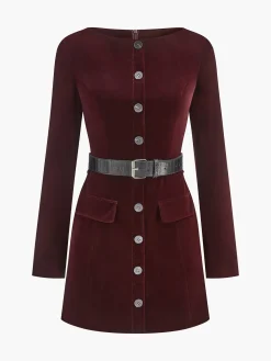 COMMENSE Velvet Button Short Dress With Belt* Dresses