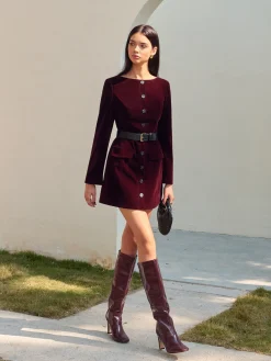 COMMENSE Velvet Button Short Dress With Belt* Dresses
