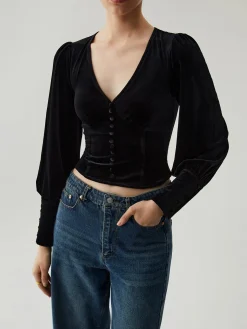 COMMENSE Velvet Buttoned V-neck Long Sleeve Crop Top* Crop Tops|Blouses & Shirts