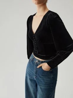 COMMENSE Velvet Buttoned V-neck Long Sleeve Crop Top* Crop Tops|Blouses & Shirts