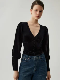COMMENSE Velvet Buttoned V-neck Long Sleeve Crop Top* Crop Tops|Blouses & Shirts