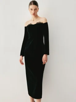 COMMENSE Velvet Off-shoulder Patchwork Slit Midi Dress* Black Dresses|Cocktail & Party Dresses
