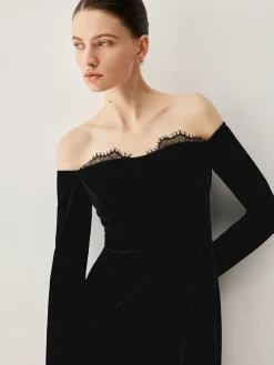 COMMENSE Velvet Off-shoulder Patchwork Slit Midi Dress* Black Dresses|Cocktail & Party Dresses