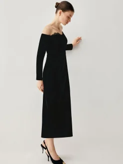 COMMENSE Velvet Off-shoulder Patchwork Slit Midi Dress* Black Dresses|Cocktail & Party Dresses