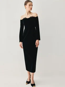 COMMENSE Velvet Off-shoulder Patchwork Slit Midi Dress* Black Dresses|Cocktail & Party Dresses