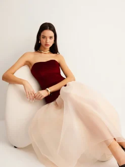 COMMENSE Velvet Panel Mesh Tube Dress* Cocktail & Party Dresses|Long Dresses