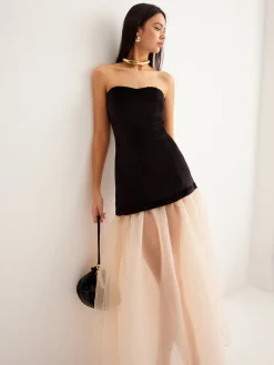 COMMENSE Velvet Panel Mesh Tube Dress* Black Dresses|Cocktail & Party Dresses
