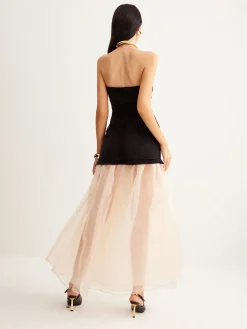 COMMENSE Velvet Panel Mesh Tube Dress* Black Dresses|Cocktail & Party Dresses