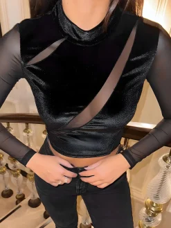 COMMENSE Velvet Panel Sheer Crop Blouse* Crop Tops|Blouses & Shirts