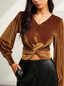 COMMENSE Velvet Pleated Slim Blouse* Blouses & Shirts|Tops