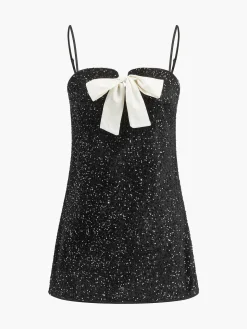 COMMENSE Velvet Sequins Bow Cami Dress* Black Dresses|Cocktail & Party Dresses
