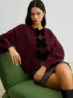 COMMENSE Velvet-Bow Lantern Sleeve Sweater* Sweater Tops|Sweaters & Cardigans
