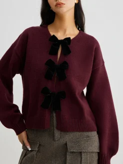 COMMENSE Velvet-Bow Lantern Sleeve Sweater* Sweater Tops|Sweaters & Cardigans