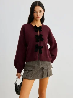 COMMENSE Velvet-Bow Lantern Sleeve Sweater* Sweater Tops|Sweaters & Cardigans