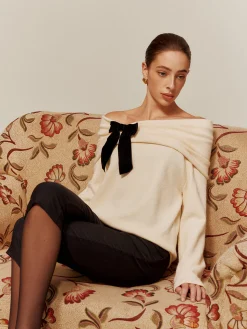 COMMENSE Velvet-Bow Off-Shoulder Ruched Sweater* Sweater Tops|Sweaters & Cardigans