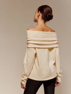 COMMENSE Velvet-Bow Off-Shoulder Ruched Sweater* Sweater Tops|Sweaters & Cardigans