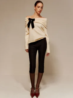 COMMENSE Velvet-Bow Off-Shoulder Ruched Sweater* Sweater Tops|Sweaters & Cardigans
