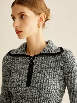 COMMENSE Vintage Contrast Trim Zipper Knit Top* Sweater Tops|Sweaters & Cardigans