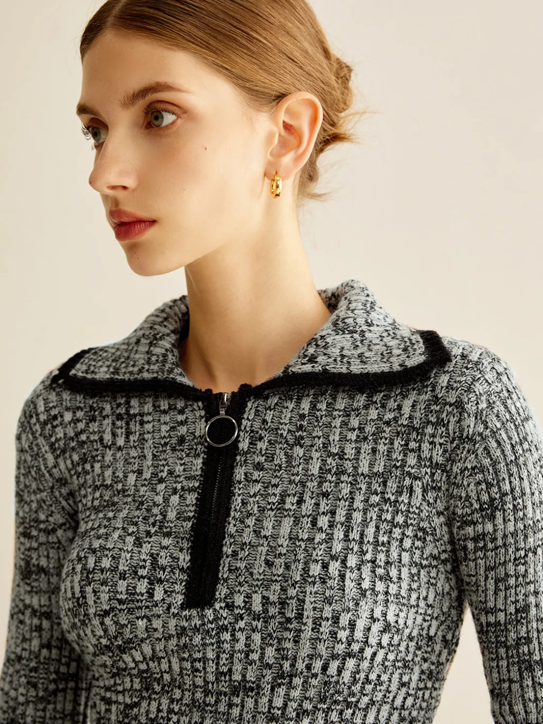 COMMENSE Vintage Contrast Trim Zipper Knit Top* Sweater Tops|Sweaters & Cardigans