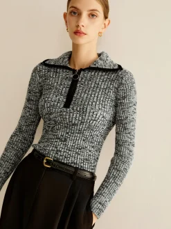 COMMENSE Vintage Contrast Trim Zipper Knit Top* Sweater Tops|Sweaters & Cardigans