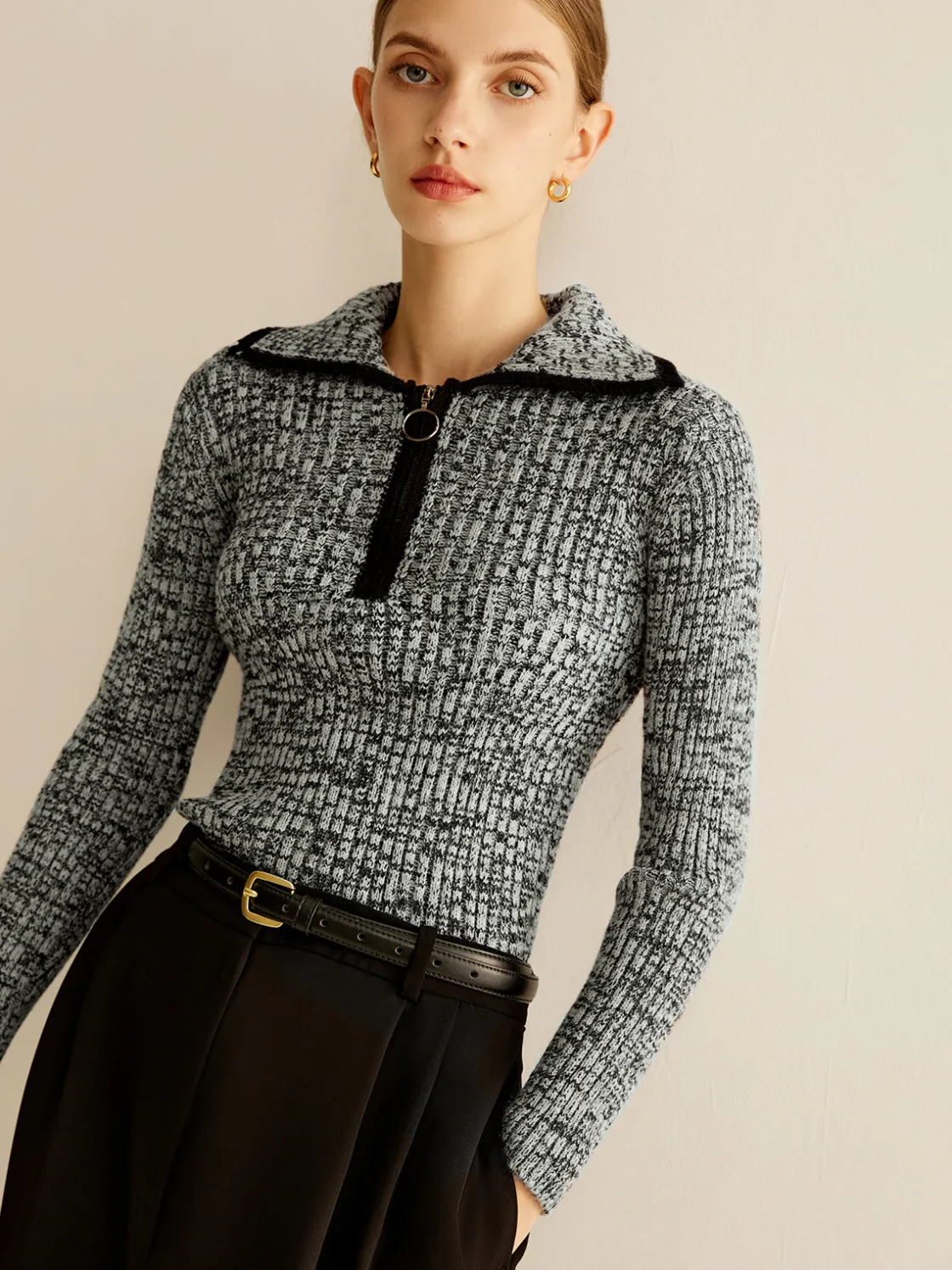COMMENSE Vintage Contrast Trim Zipper Knit Top* Sweater Tops|Sweaters & Cardigans
