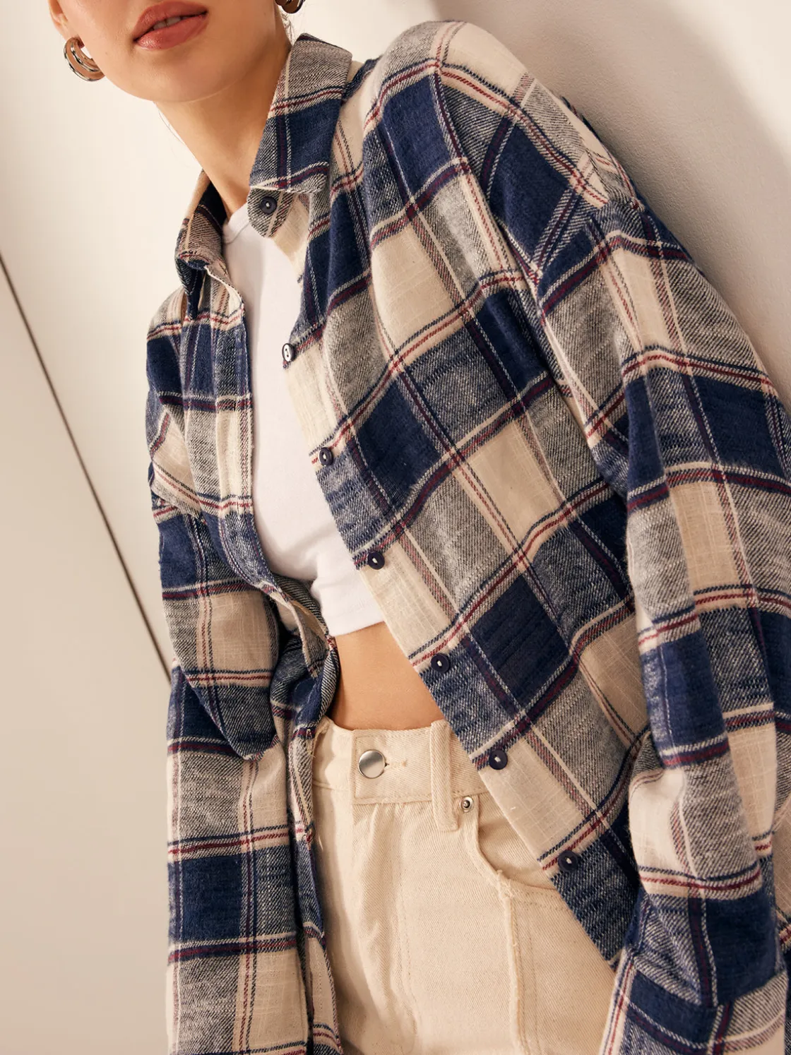 COMMENSE Vintage Cotton Plaid Polo Shirt* Blouses & Shirts|Tops