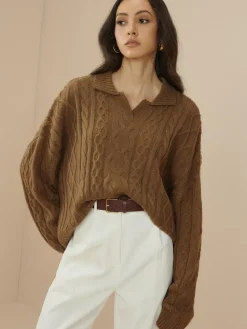 COMMENSE Vintage Lapel Cable Pullover Sweater* Sweater Tops|Sweaters & Cardigans