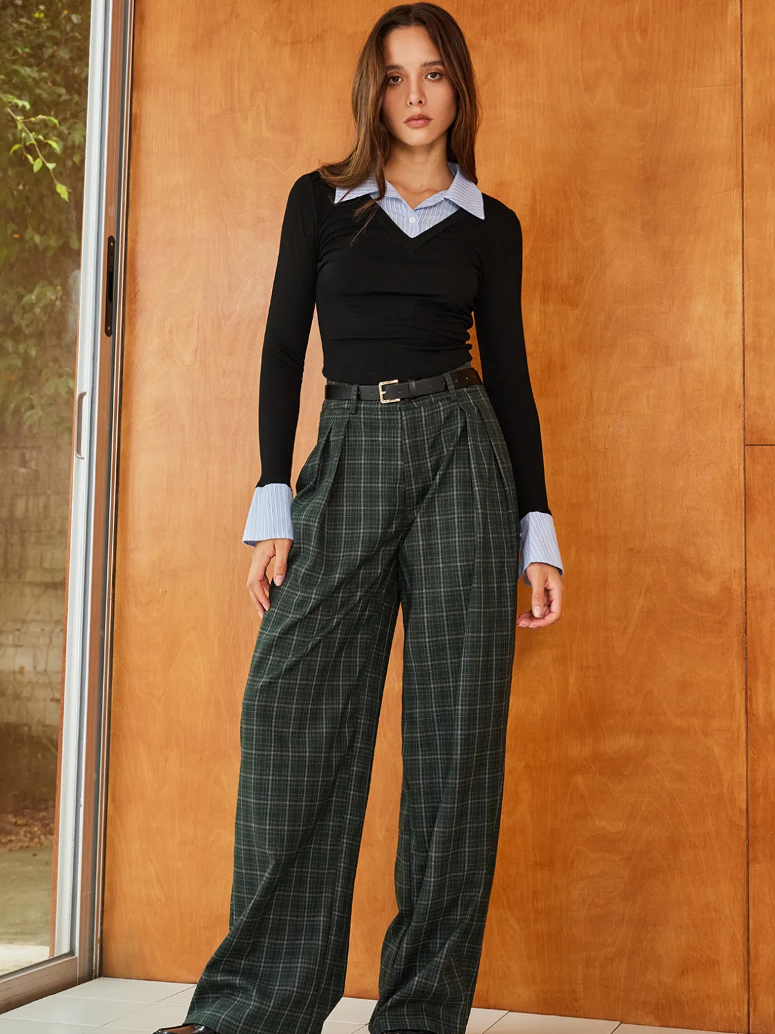 COMMENSE Vintage Plaid Belted Wide-Leg Pants* Pants|Bottoms
