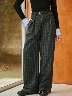 COMMENSE Vintage Plaid Belted Wide-Leg Pants* Pants|Bottoms