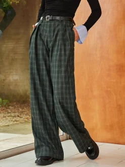 COMMENSE Vintage Plaid Belted Wide-Leg Pants* Pants|Bottoms