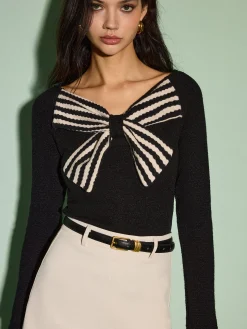COMMENSE V-Neck Bow Front Slim Sweater* Sweater Tops|Sweaters & Cardigans