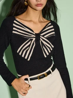 COMMENSE V-Neck Bow Front Slim Sweater* Sweater Tops|Sweaters & Cardigans