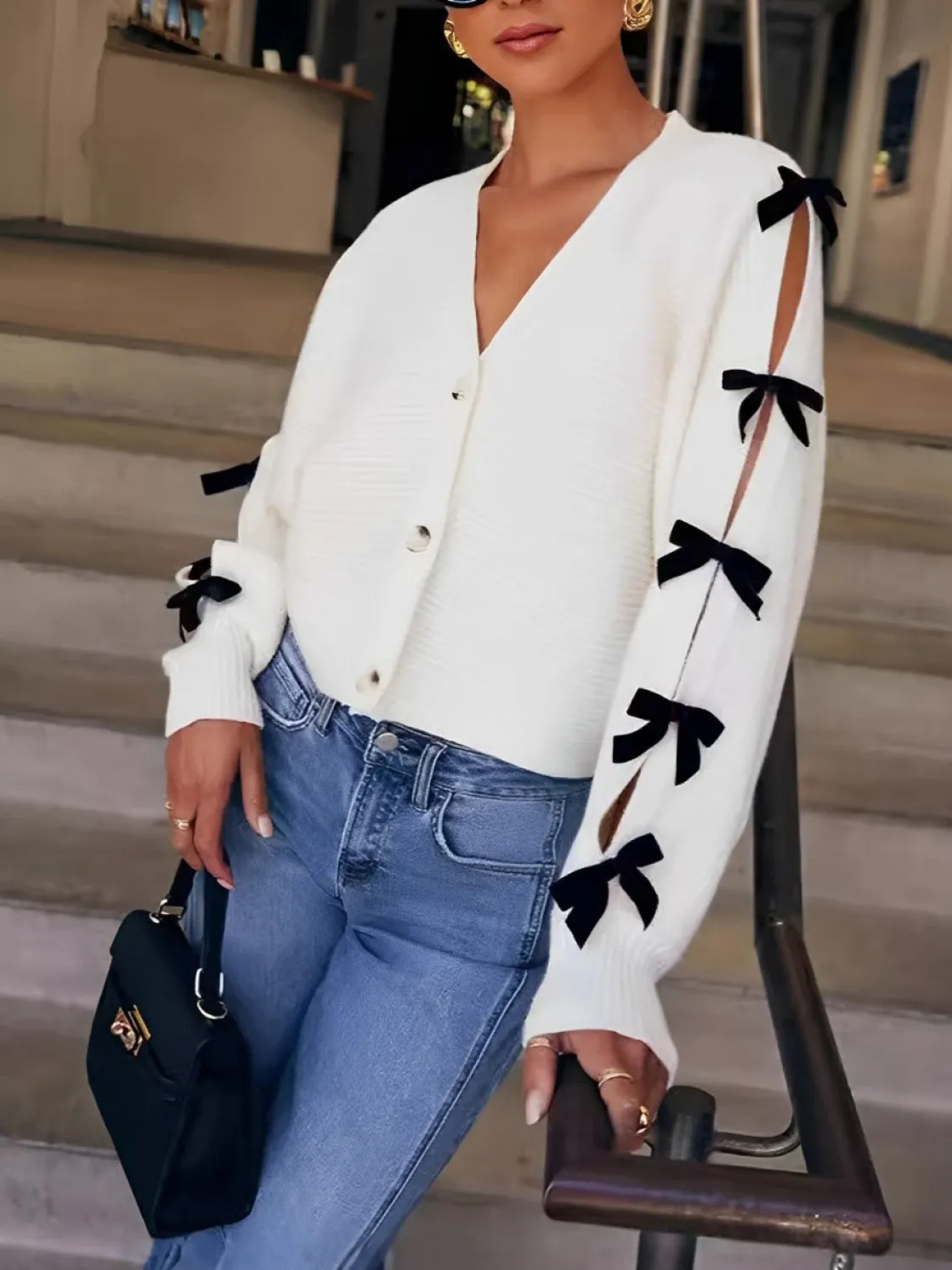 COMMENSE V-Neck Bow-Decor Short Cardigan* Cardigans|Sweaters & Cardigans