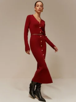 COMMENSE V-Neck Breasted Belted Sweater Long Dress* Sweater Dresses|Cocktail & Party Dresses