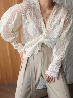 COMMENSE V-Neck Button Floral Sheer Shirt* Blouses & Shirts|Tops