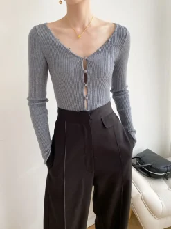 COMMENSE V-Neck Button Slim Knit Top* Sweater Tops|Sweaters & Cardigans