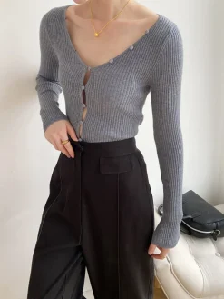 COMMENSE V-Neck Button Slim Knit Top* Sweater Tops|Sweaters & Cardigans