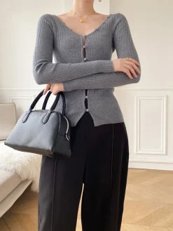 COMMENSE V-Neck Button Slim Knit Top* Sweater Tops|Sweaters & Cardigans