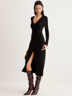 COMMENSE V-Neck Button Slim Long Dress* Black Dresses|Casual Dresses