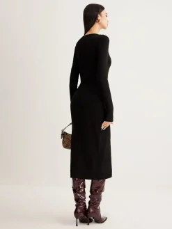 COMMENSE V-Neck Button Slim Long Dress* Black Dresses|Casual Dresses