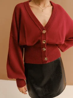 COMMENSE V-Neck Cinched Waist Button Cardigan* Cardigans|Sweaters & Cardigans