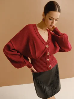 COMMENSE V-Neck Cinched Waist Button Cardigan* Cardigans|Sweaters & Cardigans