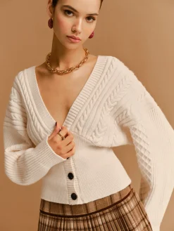 COMMENSE V-Neck Cinched Waist Twist Button Cardigan* Knitwear|Tops